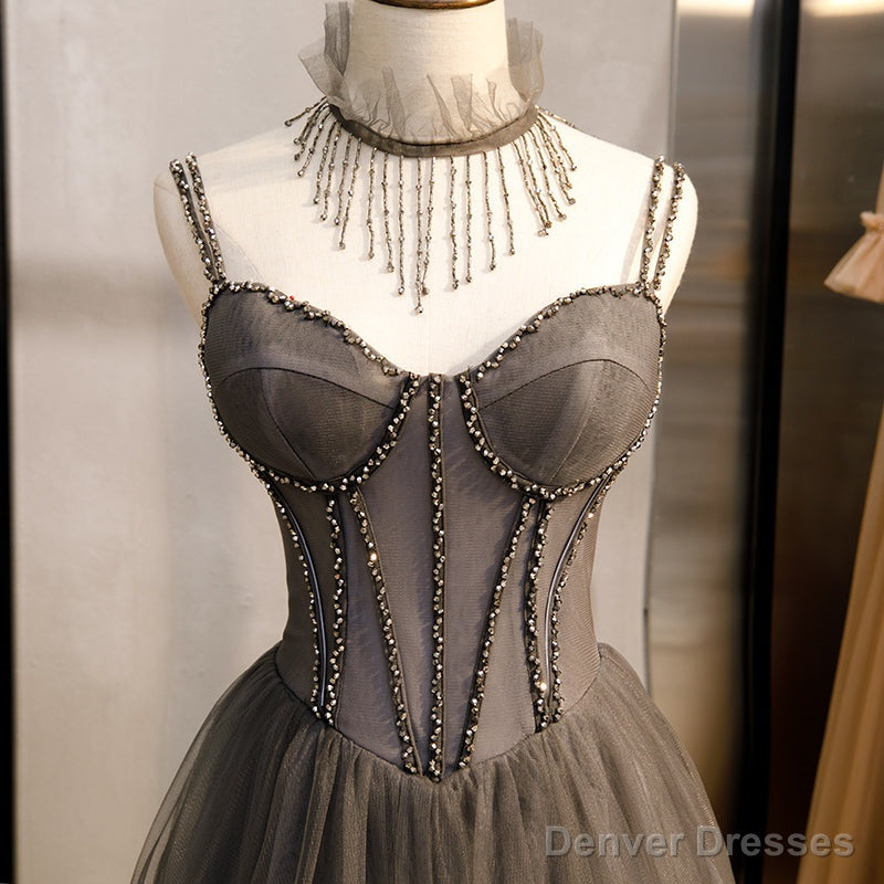 Grey Sweetheart Beaded Straps Long Tulle Prom Dress, Grey A-line Formal Dress Evening Dress