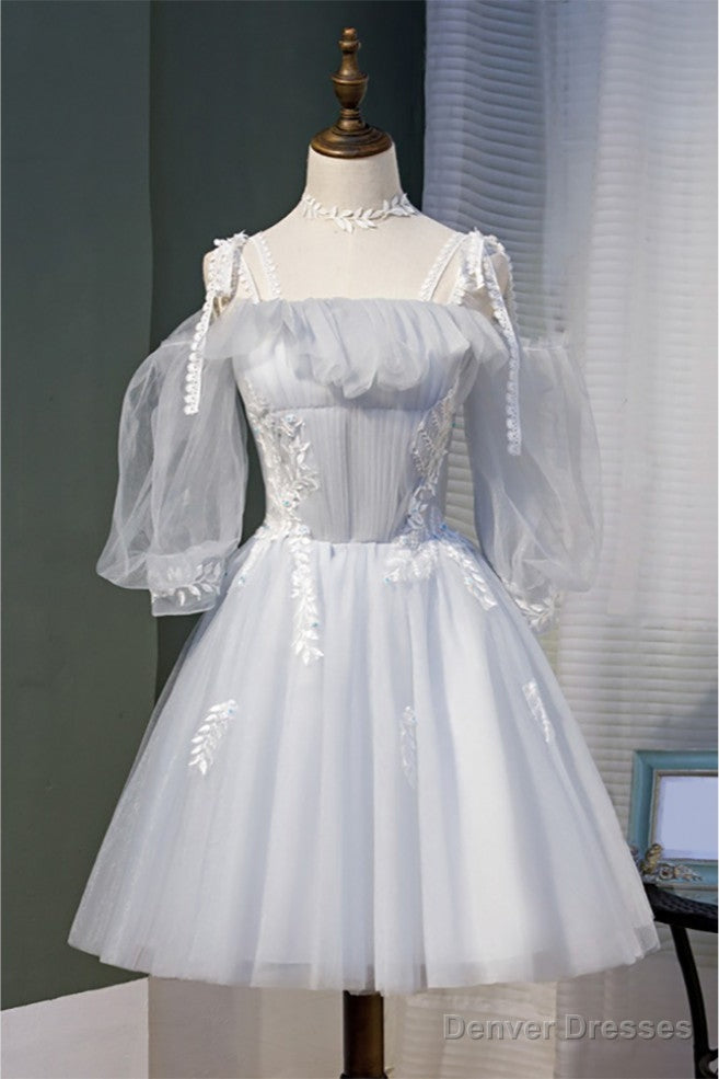 Grey Tulle Short Homecoming Dress with Appliques Sleeves Main image