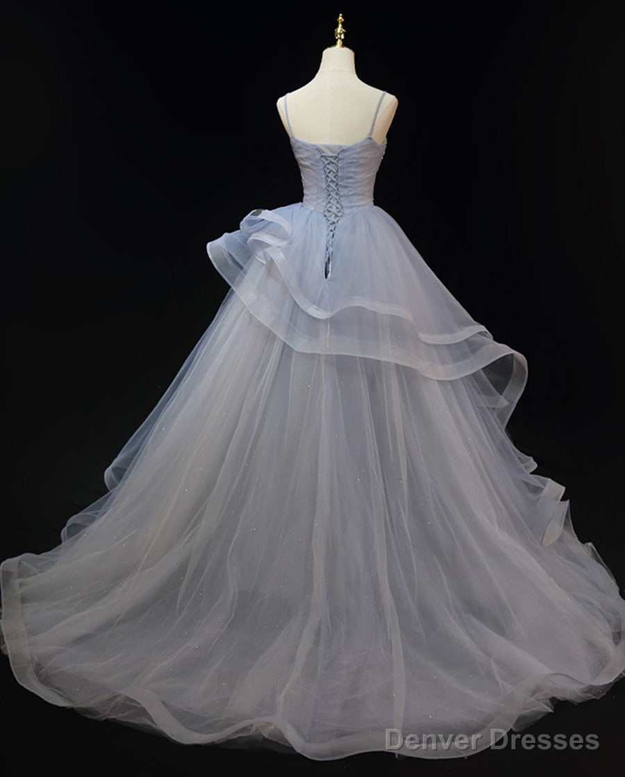 Grey Tulle Straps Layers Long Prom Dress Party Dress, Grey Ball Gown Formal Dress Secondary image