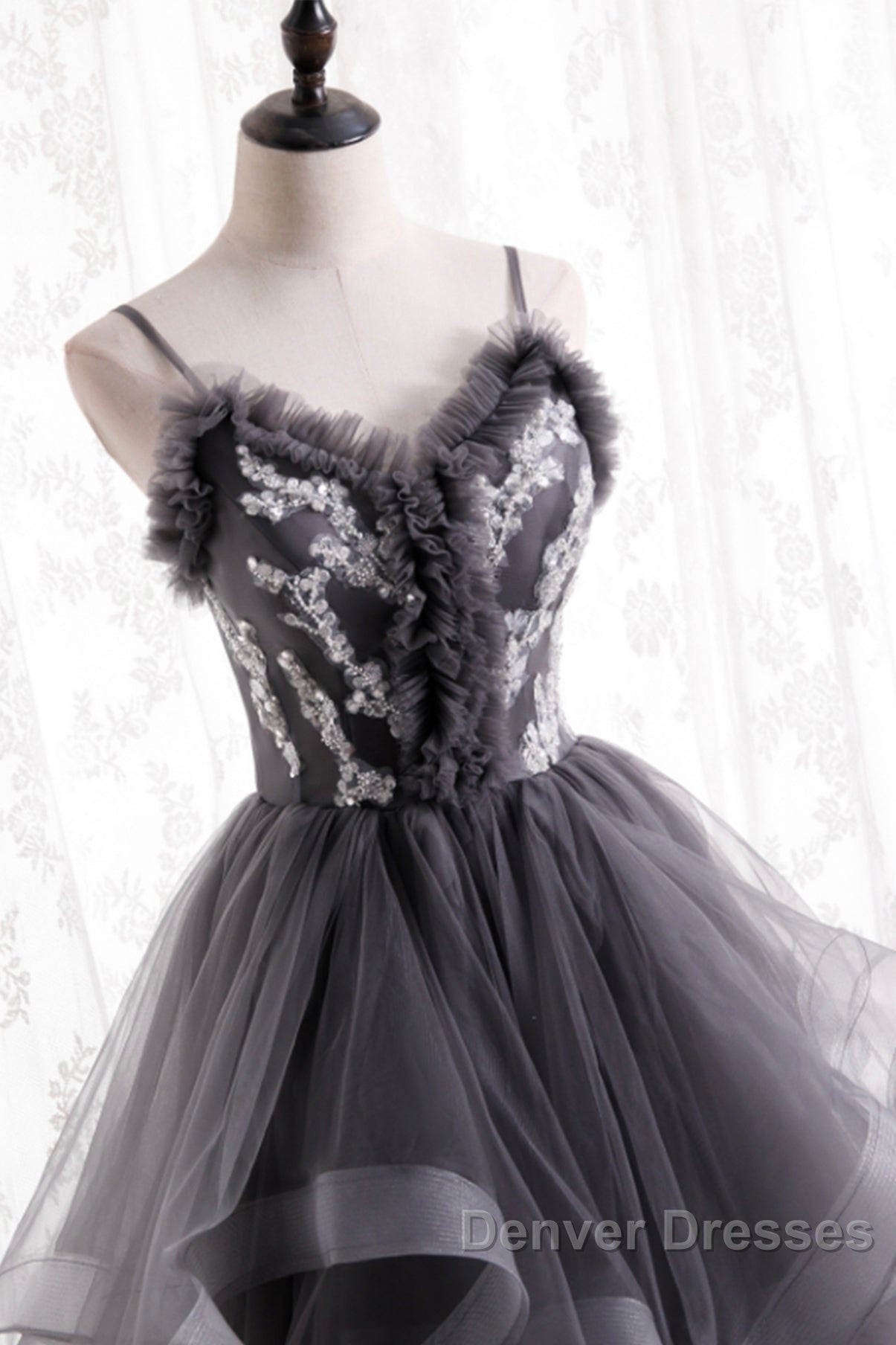 Grey Tulle Sweetheart Long Party Dress With Lace Applique, Grey Long Prom Dress Secondary image
