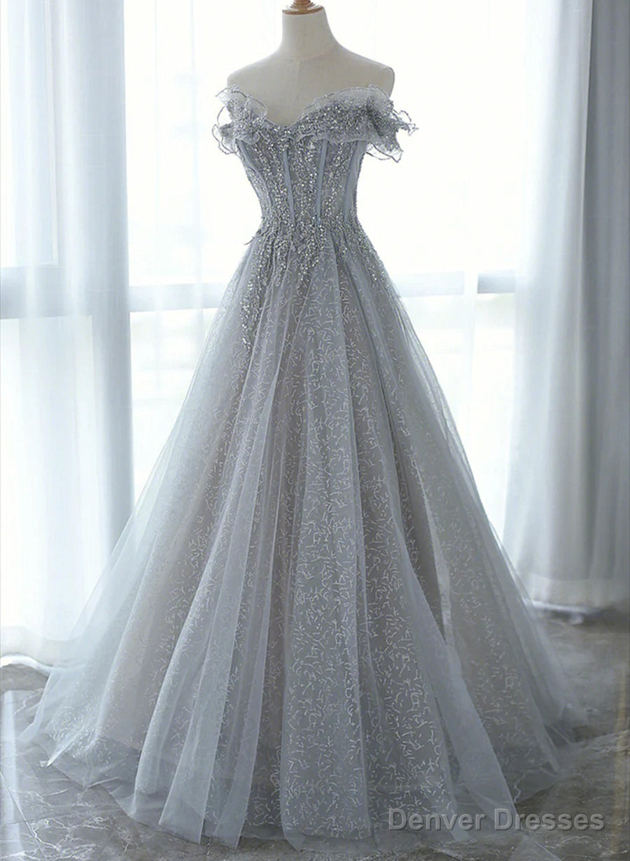 Grey Tulle Sweetheart Party Dress, A-Line Tulle Floor Length Prom Dress Evening Dress Main image