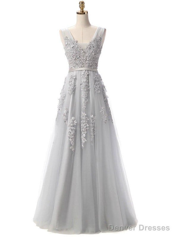 Grey V Neck Long Lace Appliques Prom Dresses Main image