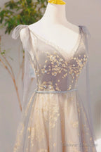 Grey V-Neck Sequins Long Formal Dress, Grey Tulle Prom Dress