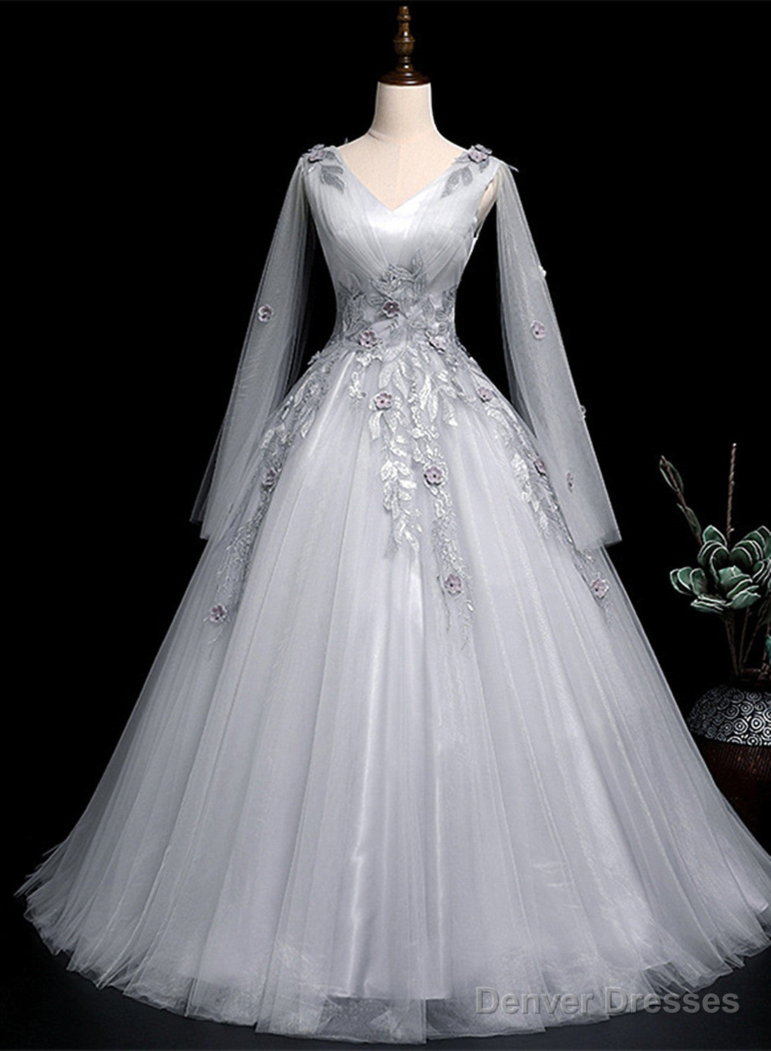 Grey V-neckline Ball Gown with Lace and Flowers Party Dress, Grey Sweet 16 Dress Secondary image