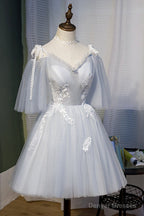 Grey V-neckline Straps Knee Length Homecoming Dress, Grey Short Prom Dress