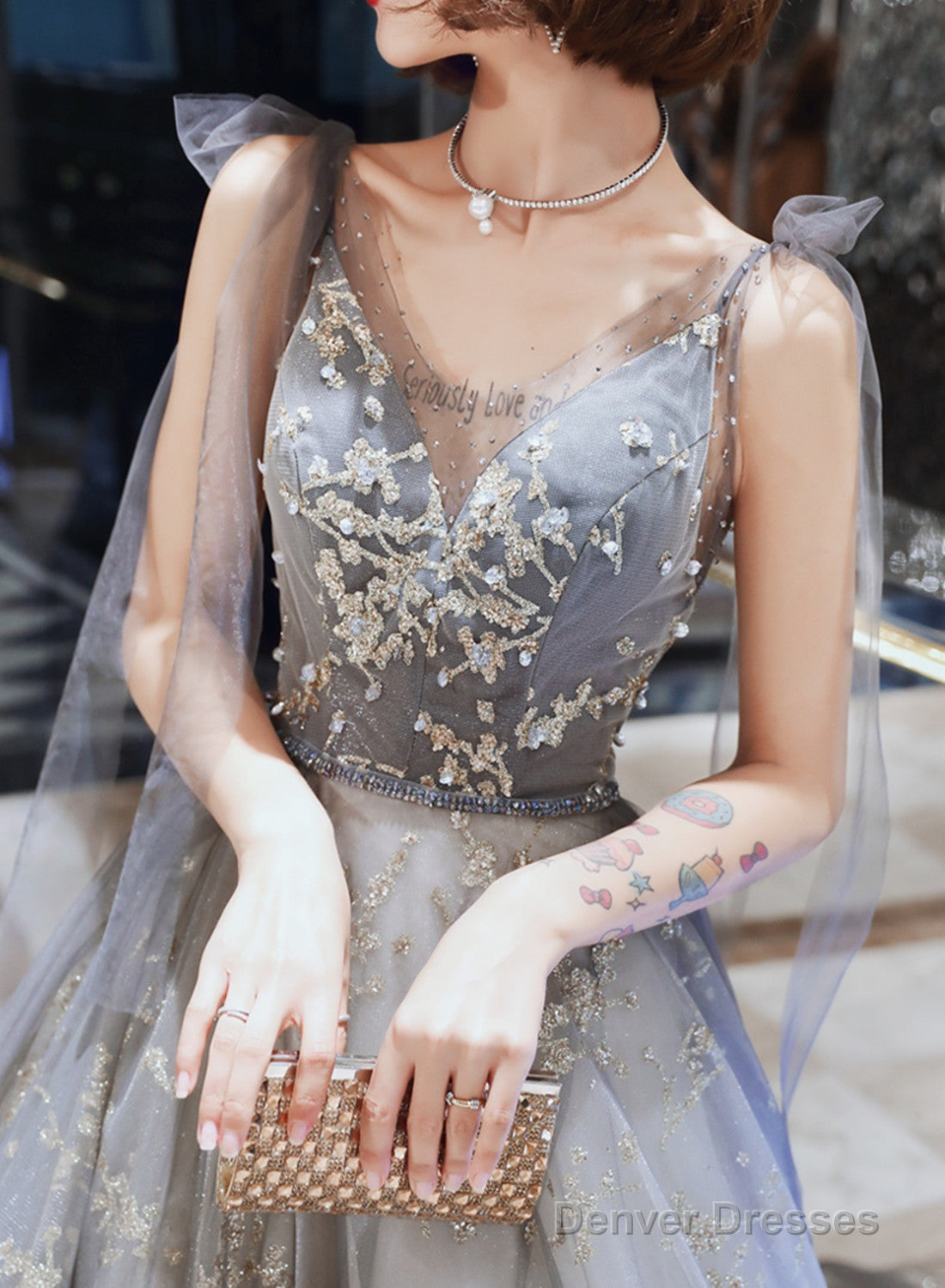 Grey V-Neckline Tulle Beaded Waist Long Party Dress, A-Line Grey Formal Dress Secondary image