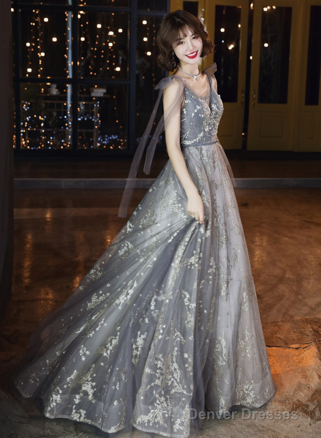 Grey V-Neckline Tulle Beaded Waist Long Party Dress, A-Line Grey Formal Dress
