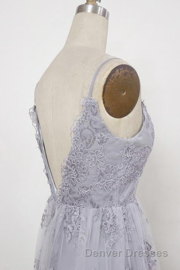 Spaghetti Straps Long Lace Prom Gown, A Line V Neck Sleeveless Formal Dress