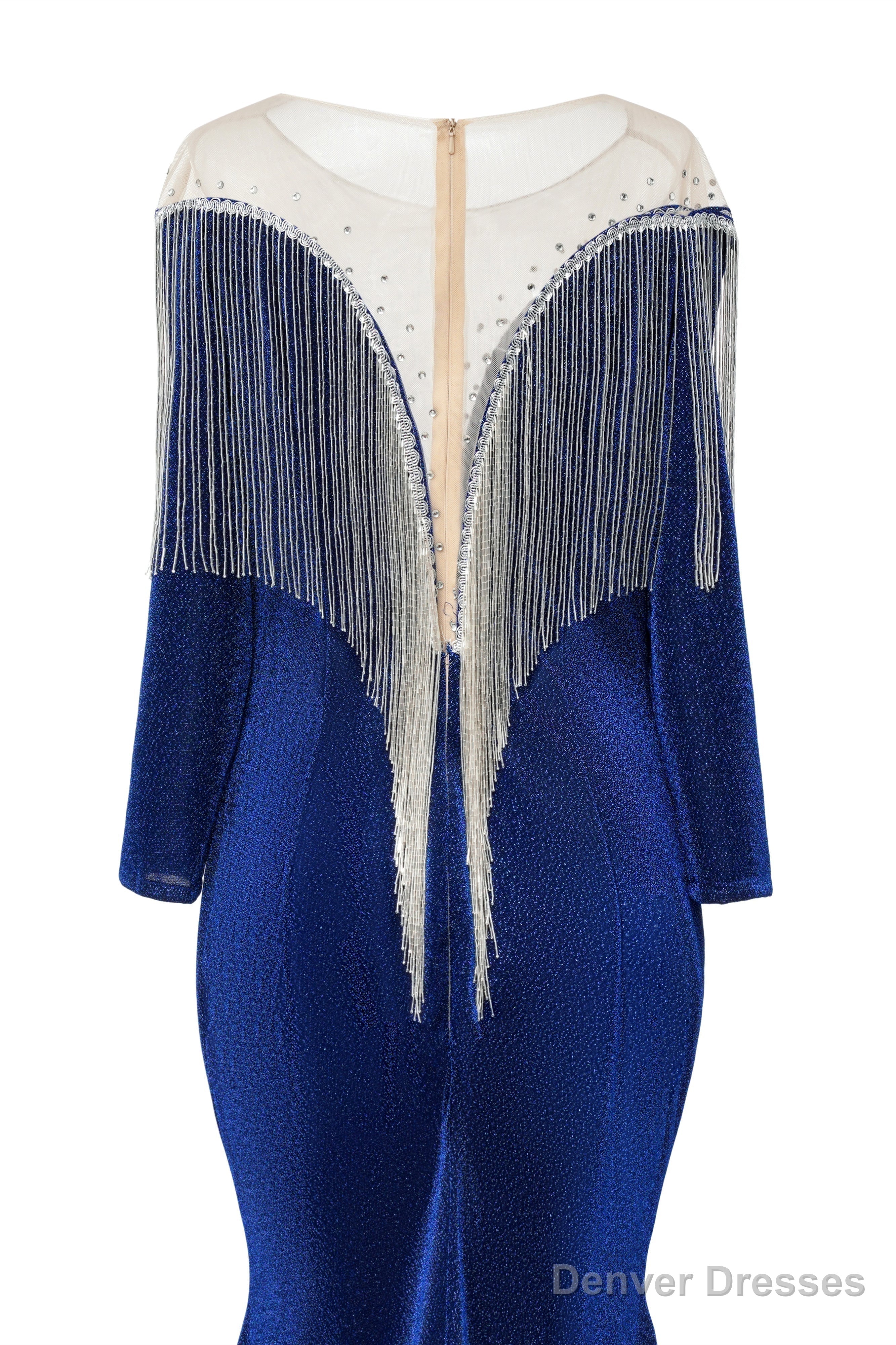 Deep V-neck Shiny Royal Blue Prom Dresses Long sleeves Mermaid Evening Party Dresses