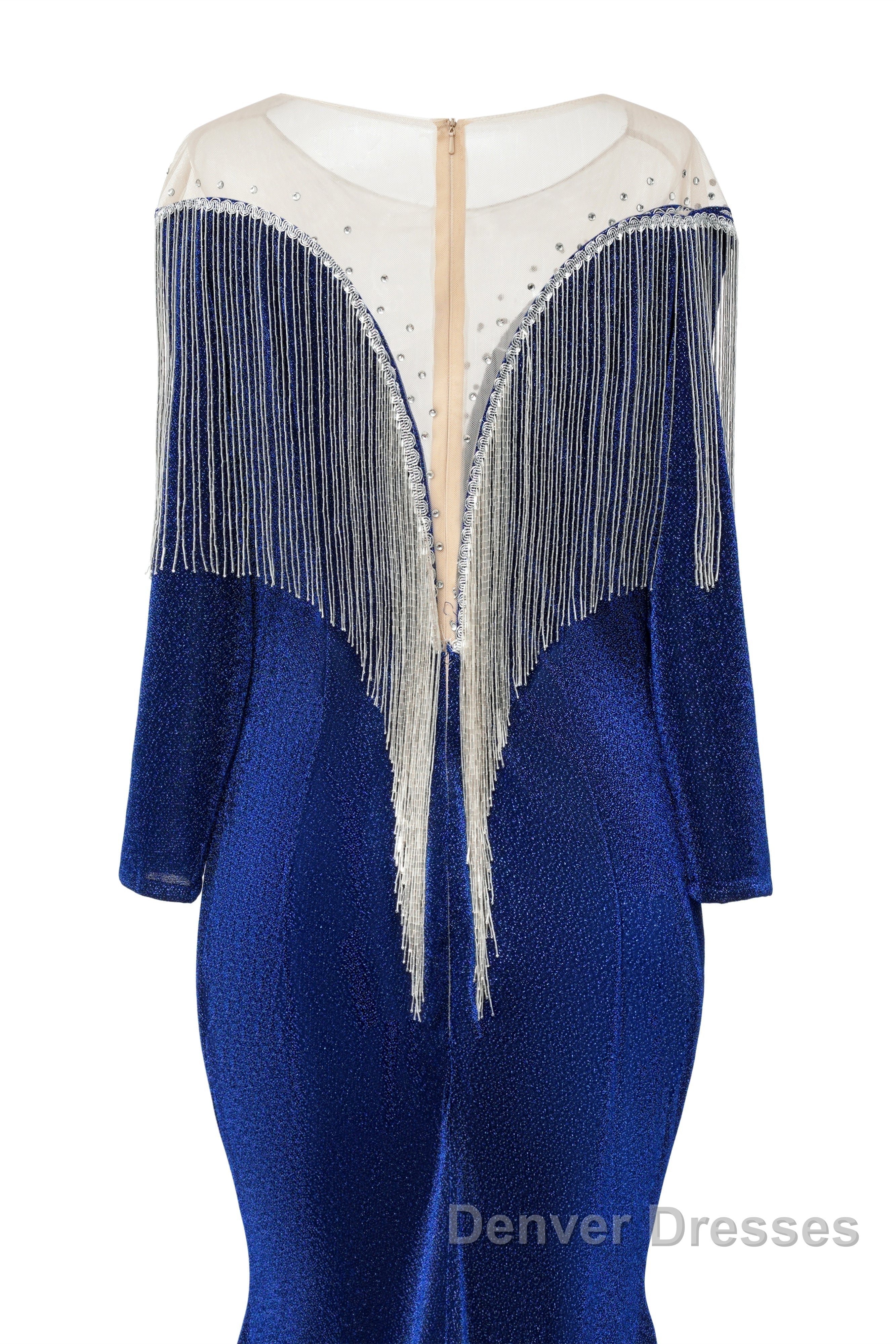 Deep V-neck Shiny Royal Blue Long sleeves Mermaid Prom Dress