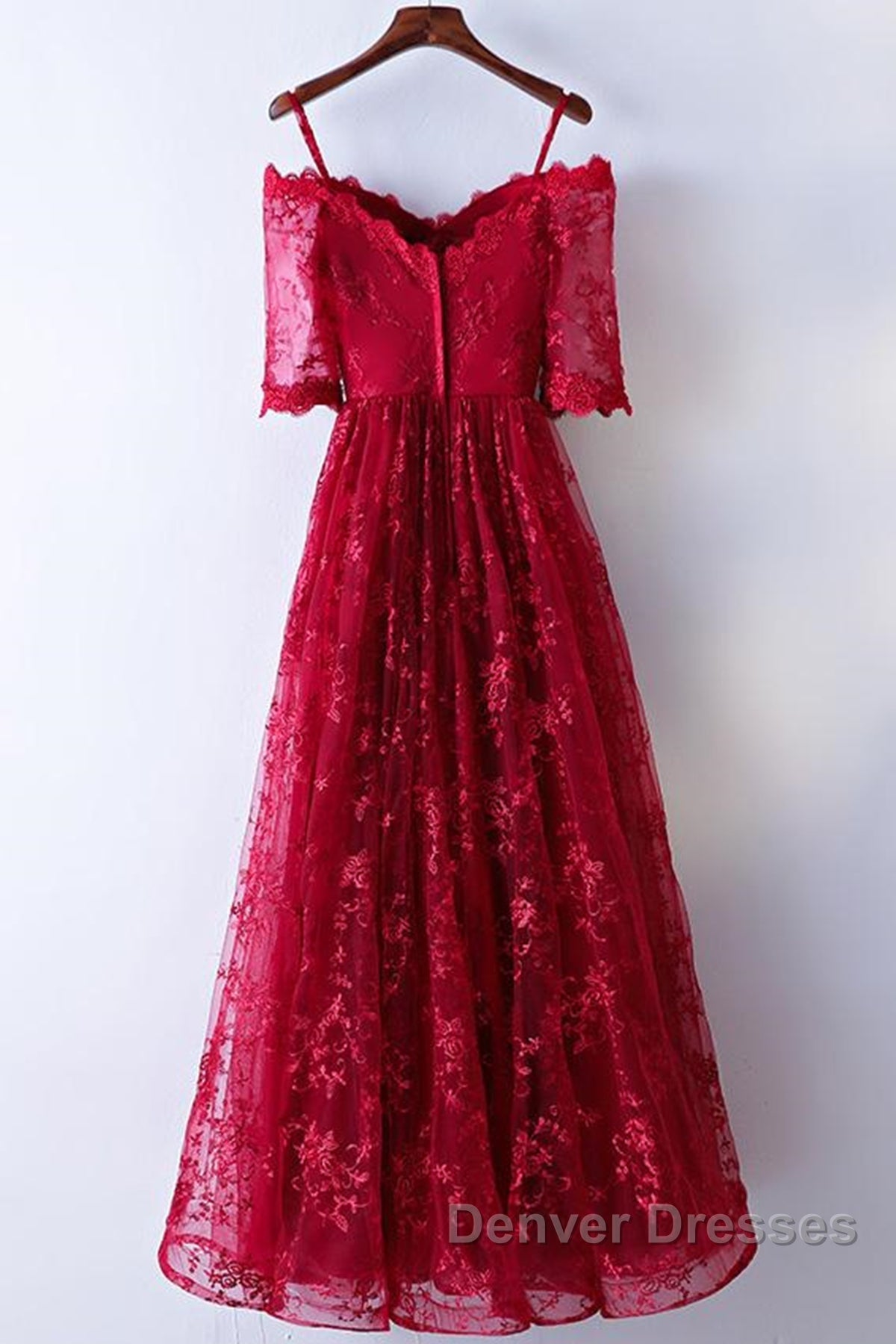 Half Sleeves Burgundy Lace Prom Dress, Wine Red Half Sleeves Long Lace Formal Evening Dress Secondary image