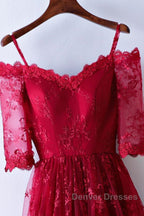 Half Sleeves Burgundy Lace Prom Dress, Wine Red Half Sleeves Long Lace Formal Evening Dress