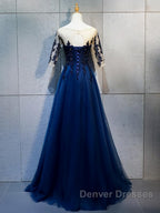 Half Sleeves Navy Blue Long Lace Prom Dress, Dark Navy Blue Long Lace Formal Bridesmaid Dress