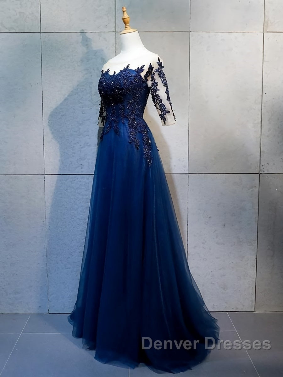 Half Sleeves Navy Blue Long Lace Prom Dress, Dark Navy Blue Long Lace Formal Bridesmaid Dress