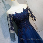 Half Sleeves Navy Blue Long Lace Prom Dress, Dark Navy Blue Long Lace Formal Bridesmaid Dress
