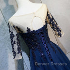 Half Sleeves Navy Blue Long Lace Prom Dress, Dark Navy Blue Long Lace Formal Bridesmaid Dress