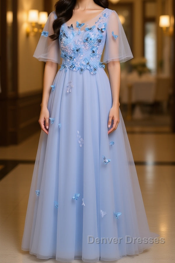 Half Sleeves Round Neck Blue Floral Long Prom Dress, Blue Long Formal Evening Dress with Flower Main image
