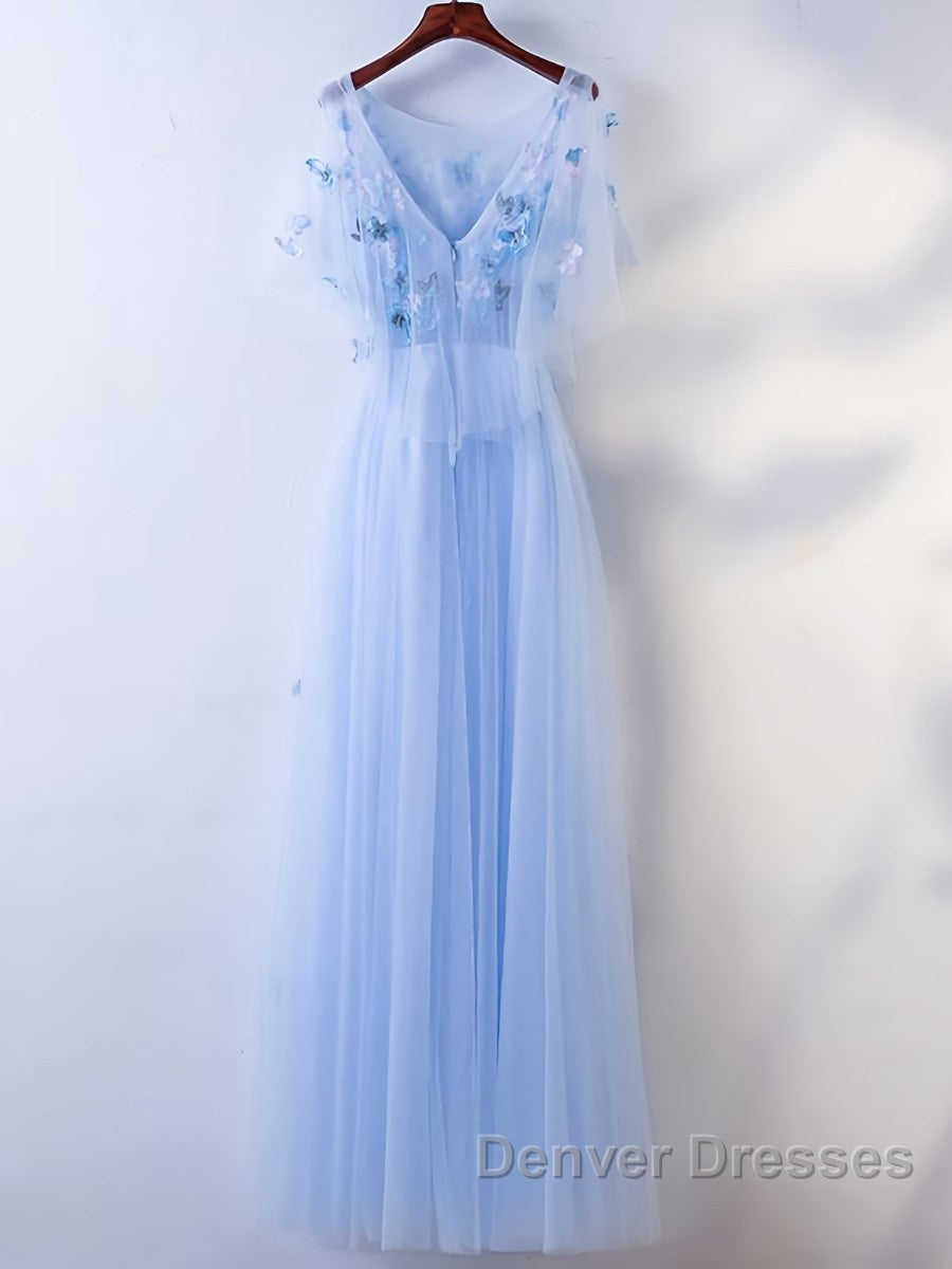 Half Sleeves Round Neck Blue Floral Long Prom Dress, Blue Long Formal Evening Dress with Flower Secondary image