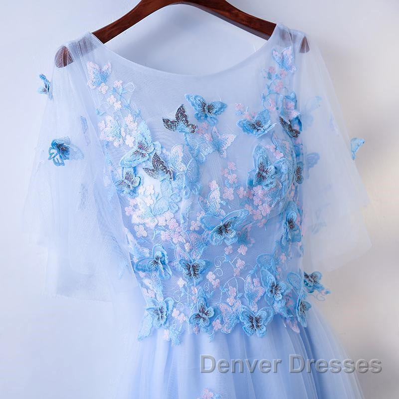 Half Sleeves Round Neck Blue Floral Long Prom Dress, Blue Long Formal Evening Dress with Flower