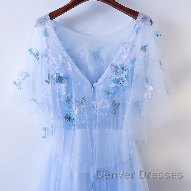 Half Sleeves Round Neck Blue Floral Long Prom Dress, Blue Long Formal Evening Dress with Flower