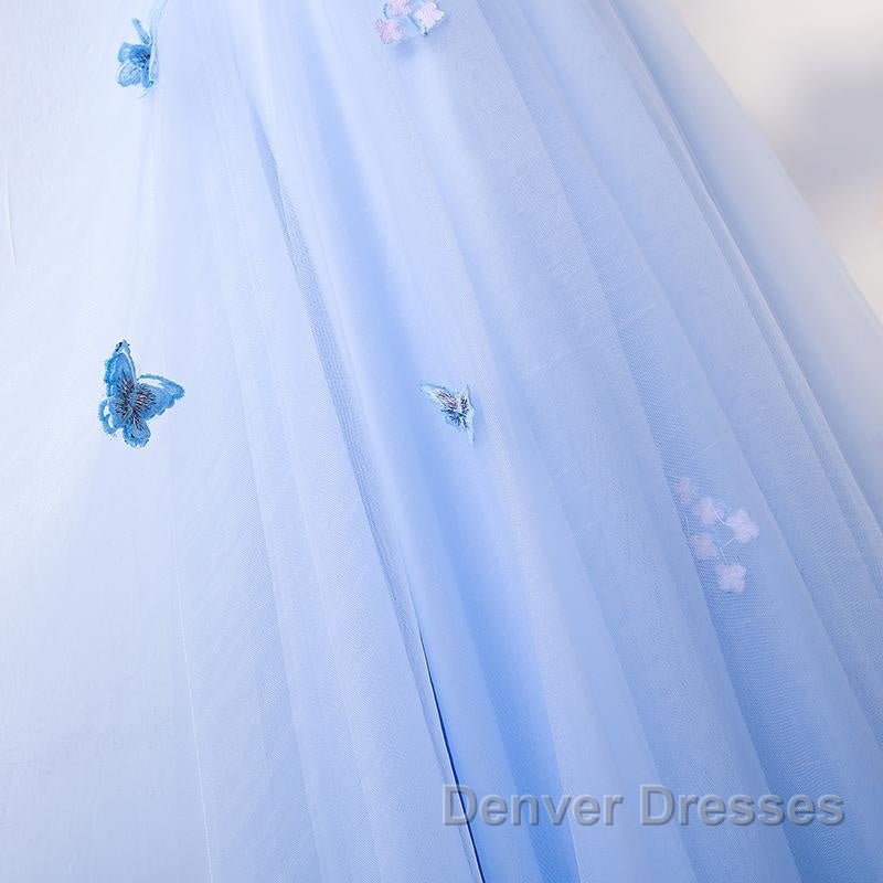 Half Sleeves Round Neck Blue Floral Long Prom Dress, Blue Long Formal Evening Dress with Flower