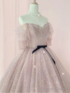 Half Sleeves Shiny Pink Prom Dresses, Shiny Pink Long Formal Evening Dresses