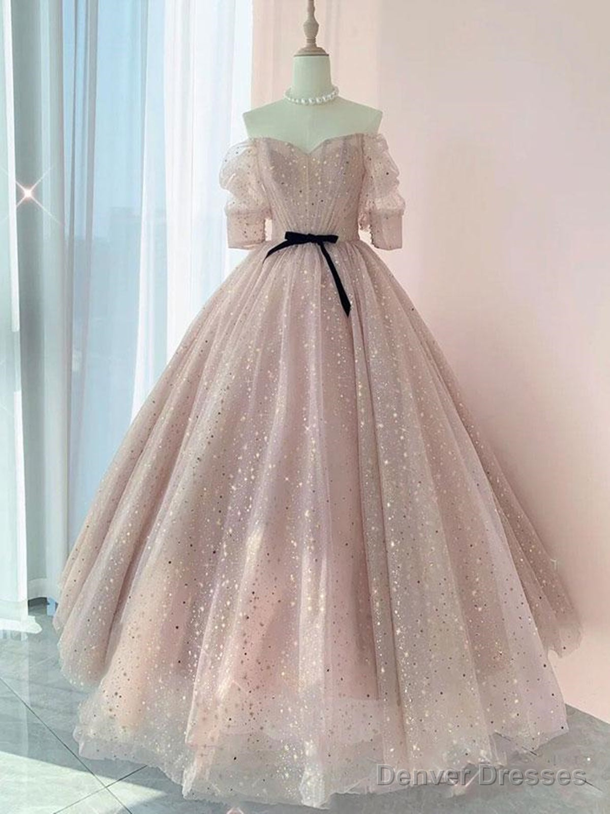 Half Sleeves Shiny Pink Prom Dresses, Shiny Pink Long Formal Evening Dresses Secondary image