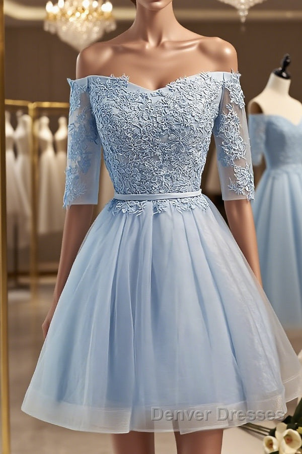 Half Sleeves Short Lace Prom Dress, Short Lace Homecoming Bridesmaid Dress Main image