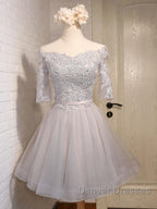 Half Sleeves Short Lace Prom Dress, Short Lace Homecoming Bridesmaid Dress