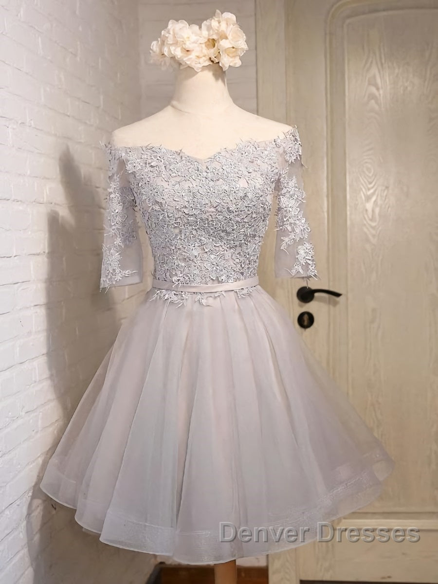 Half Sleeves Short Lace Prom Dress, Short Lace Homecoming Bridesmaid Dress