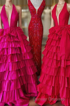 Halter A-Line Blue Satin Long Ruffled Prom Dress With Slit