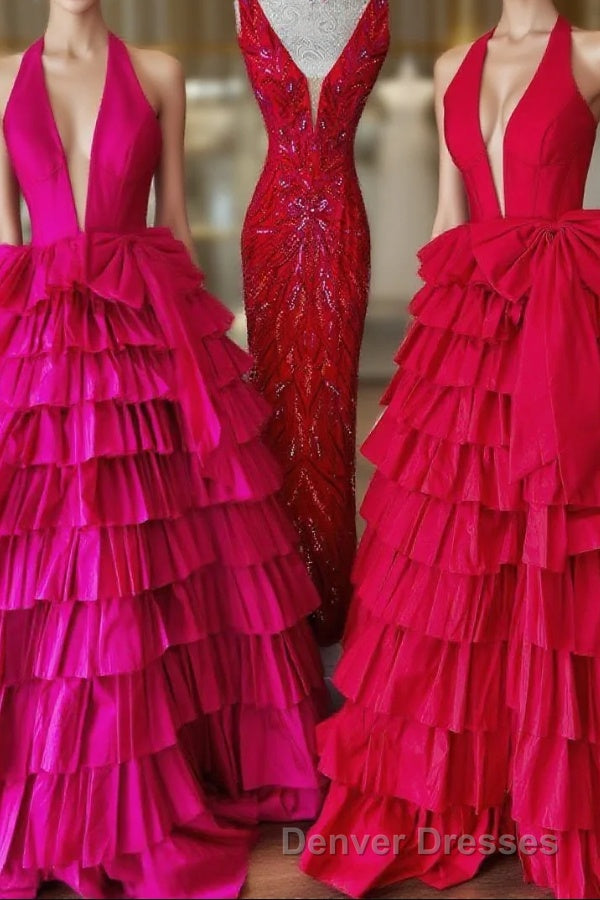 Halter A-Line Blue Satin Long Ruffled Prom Dress With Slit