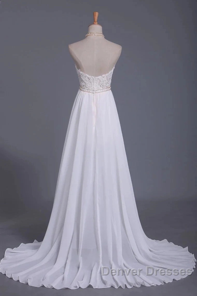 Halter Backless Chiffon Long Wedding Gown With Ruffles Pearl Lace Secondary image