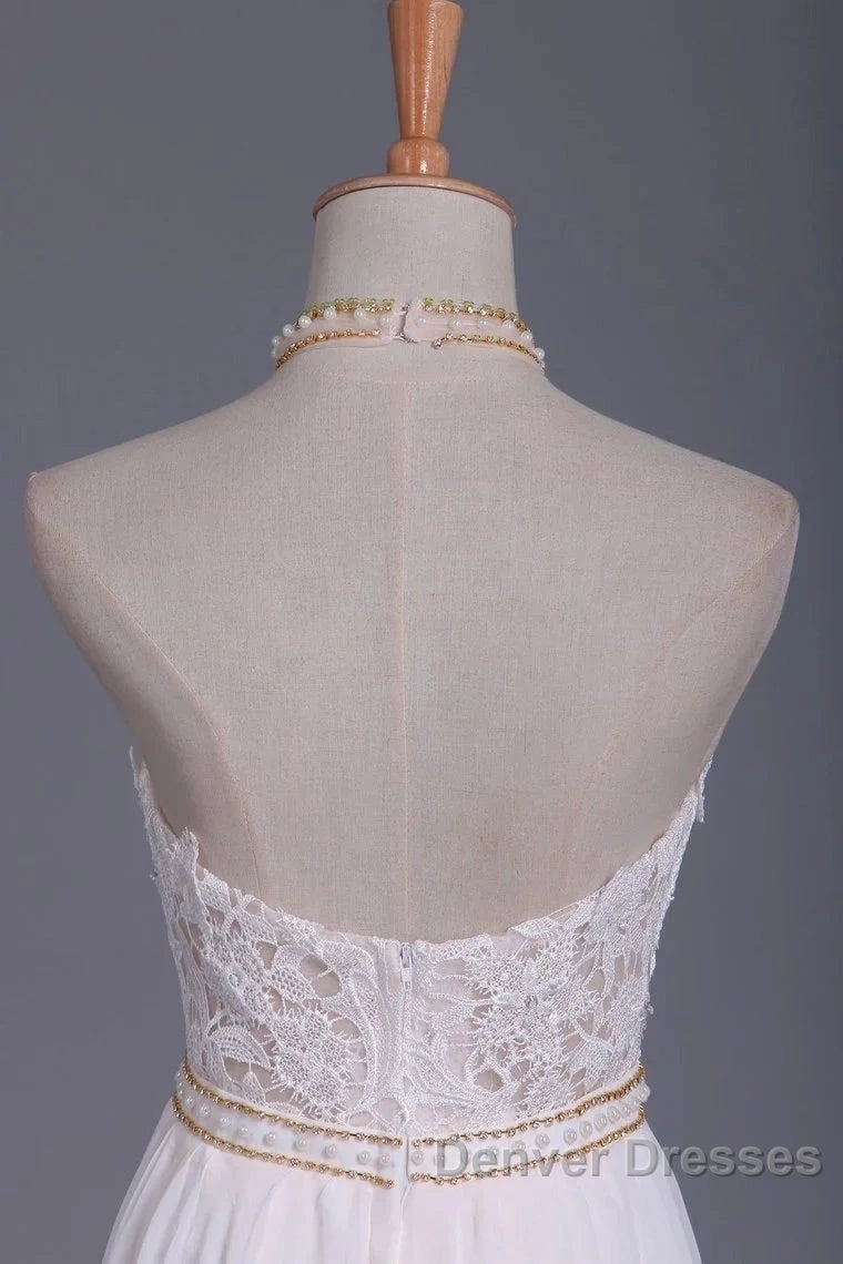 Halter Backless Chiffon Long Wedding Gown With Ruffles Pearl Lace