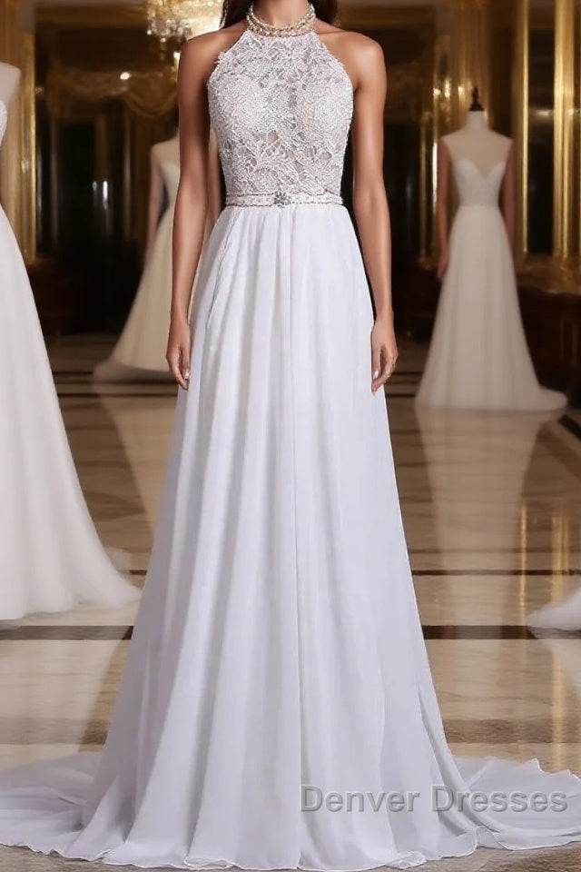 Halter Backless Chiffon Long Wedding Gown With Ruffles Pearl Lace Main image