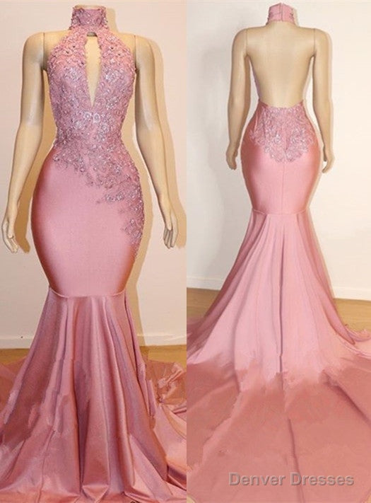 Halter Backless Mermaid Appliques Long Train Prom Dresses Secondary image