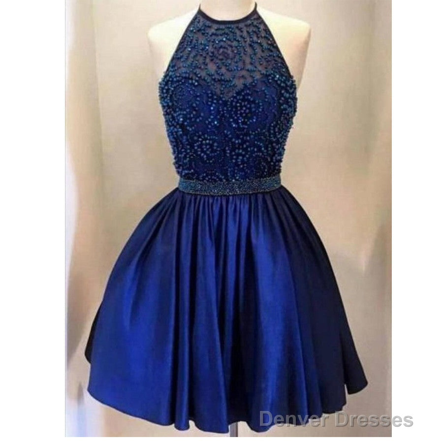 Halter Backless Royal Blue Beaded Homecoming Dresses Main image
