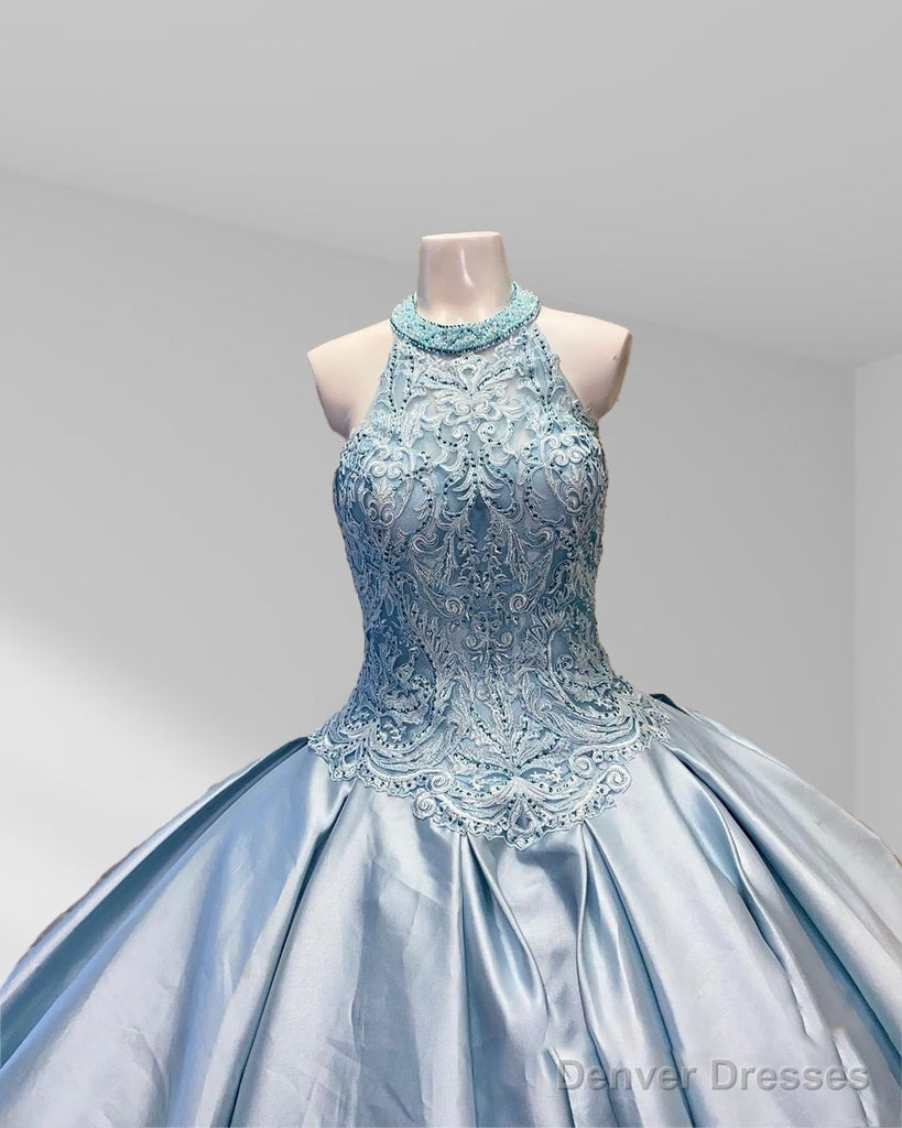 Halter Beaded Sky Blue Satin Ball Gown Quinceaera Dress
