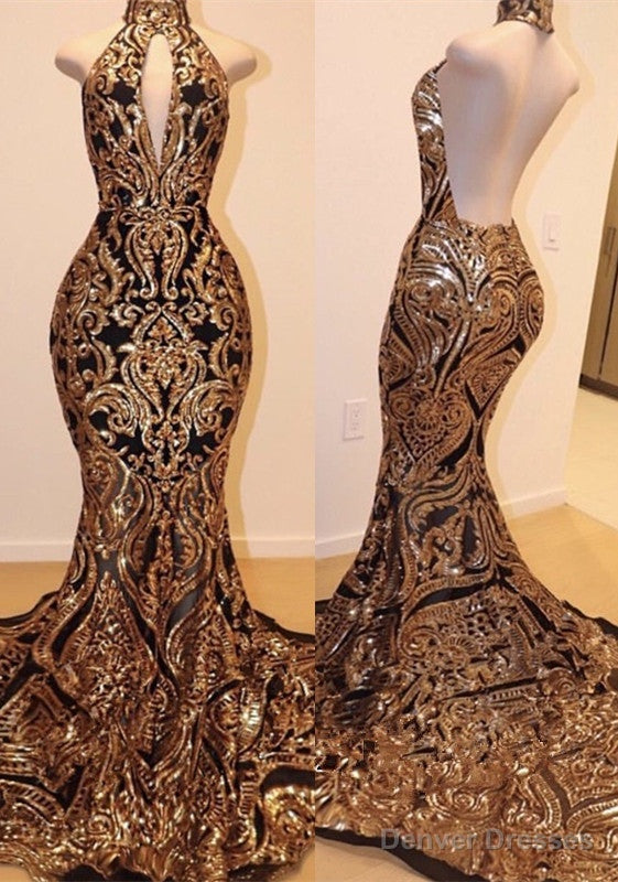 Halter Keyhole Neckline Sequins Appliques Mermaid Prom Dresses
