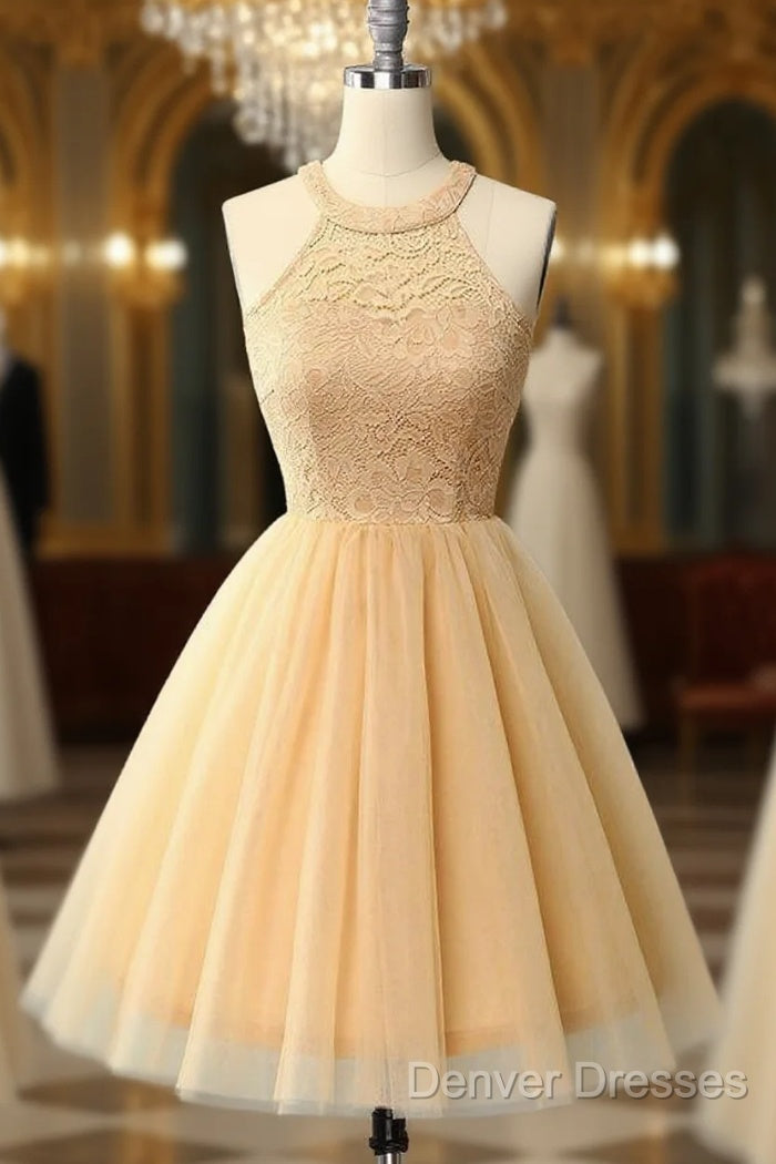 Halter Lace Champagne Homecoming Dress Main image