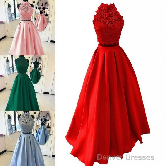 Halter Lace Satin Prom Dresses Long Two Piece Sexy Halter Criss Cross Backless Draped A-Line Graduation Sweet 15 Dress Cheap Main image