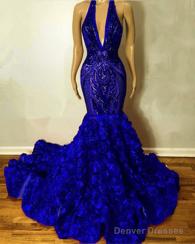 Halter Mermaid Sequin Rosette Prom Dresses Secondary image