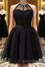 Halter Neck Backless Black Short Prom Dress, Open Back Black Homecoming Dress