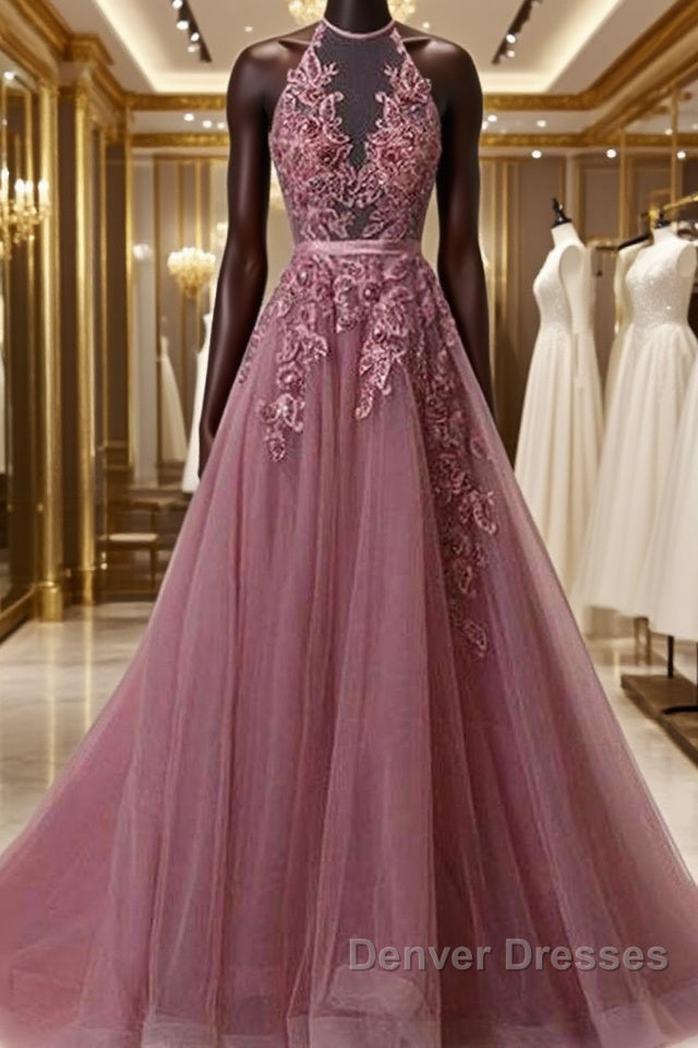 Halter Neck Backless Lace Prom Dress, Open Back Halter Neck Lace Formal Evening Dress Main image