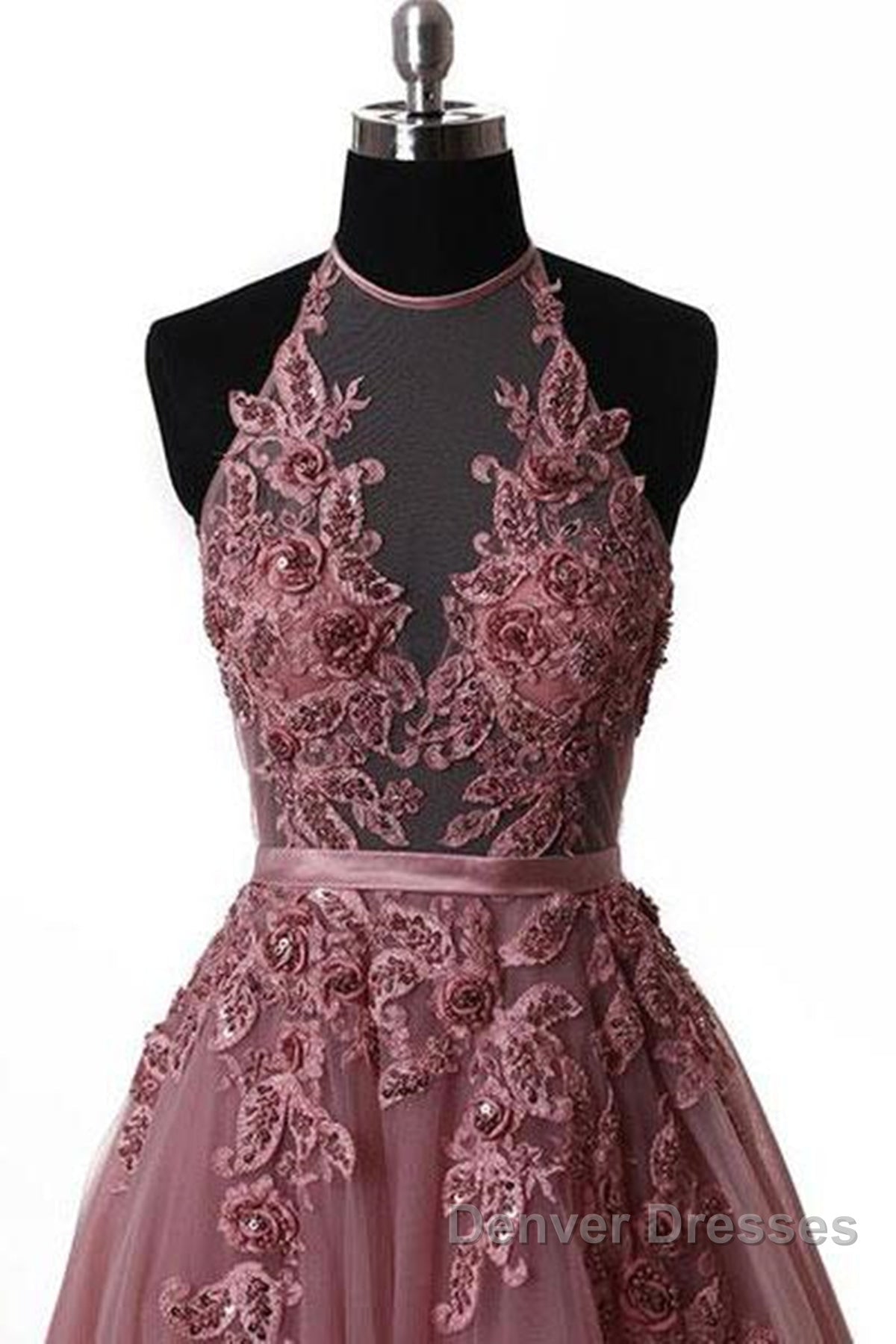 Halter Neck Backless Lace Prom Dress, Open Back Halter Neck Lace Formal Evening Dress Secondary image