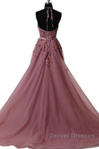 Halter Neck Backless Lace Prom Dress, Open Back Halter Neck Lace Formal Evening Dress