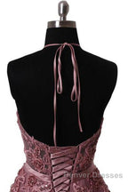 Halter Neck Backless Lace Prom Dress, Open Back Halter Neck Lace Formal Evening Dress