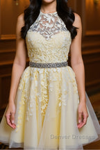 Halter Neck Backless Short Yellow Lace Prom Dress, Yellow Lace Formal Graduation Homecoming Dress
