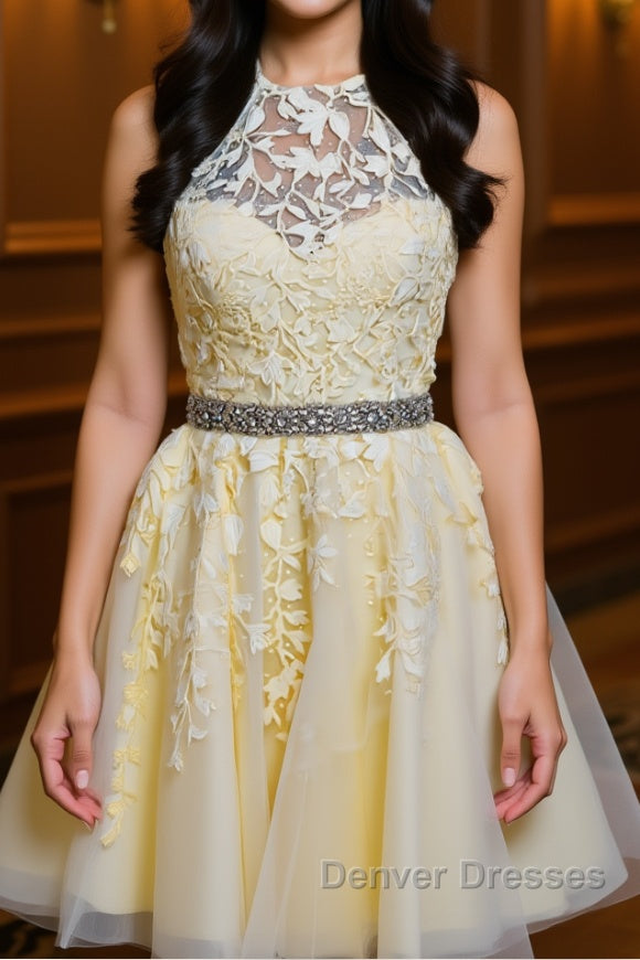 Halter Neck Backless Short Yellow Lace Prom Dress, Yellow Lace Formal Graduation Homecoming Dress