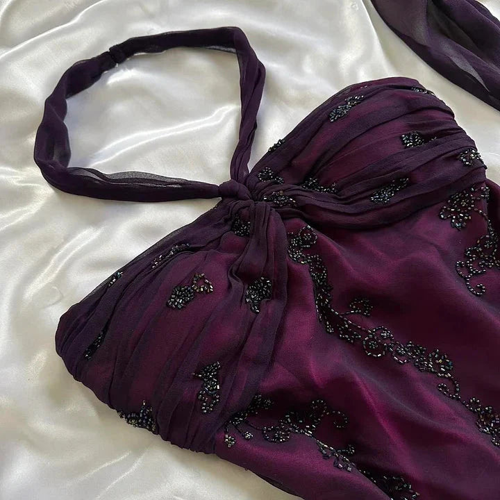 Purple Exquisite Elegant Backless Beaded Long Prom Dress Evening Gown Graduation Dress